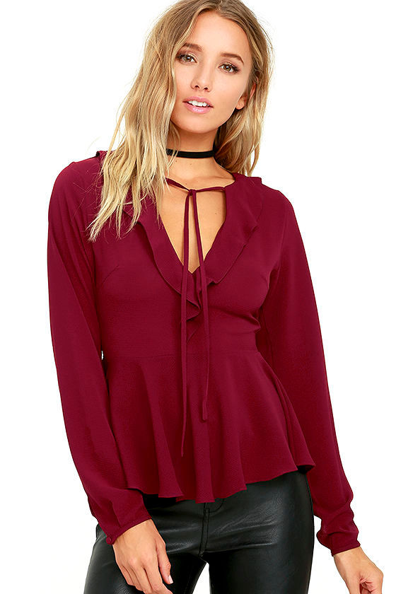 Chic Burgundy Long Sleeve Top - Tie Neck Top - Long Sleeve Peplum Top ...