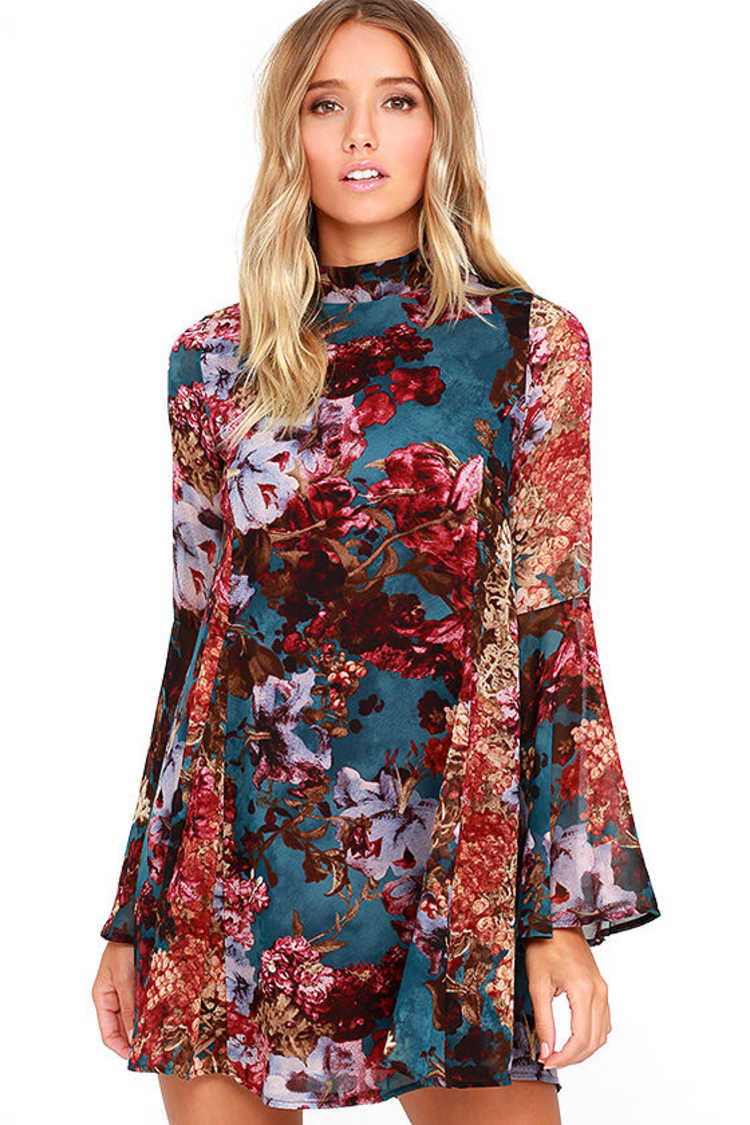 chinese dress ladies Women Boho Long Dress Long Sleeve V-Neck Floral Loose Fit Casual Swing Dress  (Red, S) at Amazon Women's Clothing store main image 0