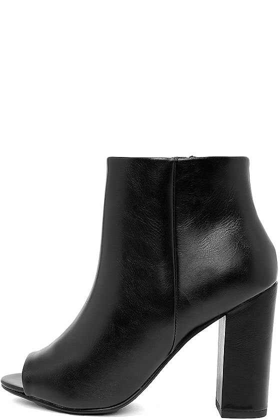 peep toe black leather booties