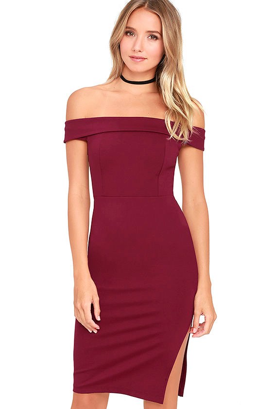 Foxy Lady Burgundy Off-the-Shoulder Bodycon Dress