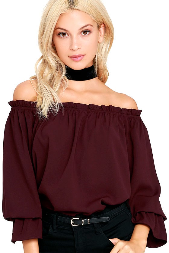 purple off the shoulder long sleeve top