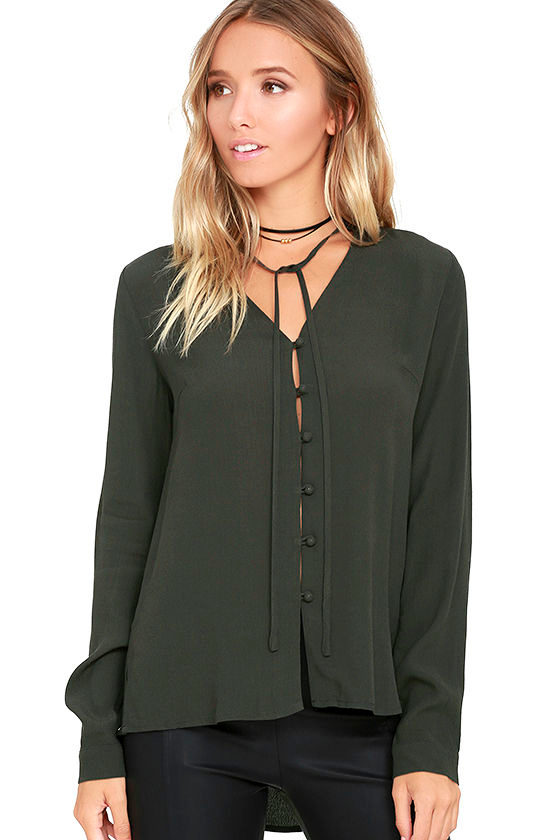 Pretty Grey Blouse ButtonUp Blouse Long Sleeve Blouse 44.00 Lulus