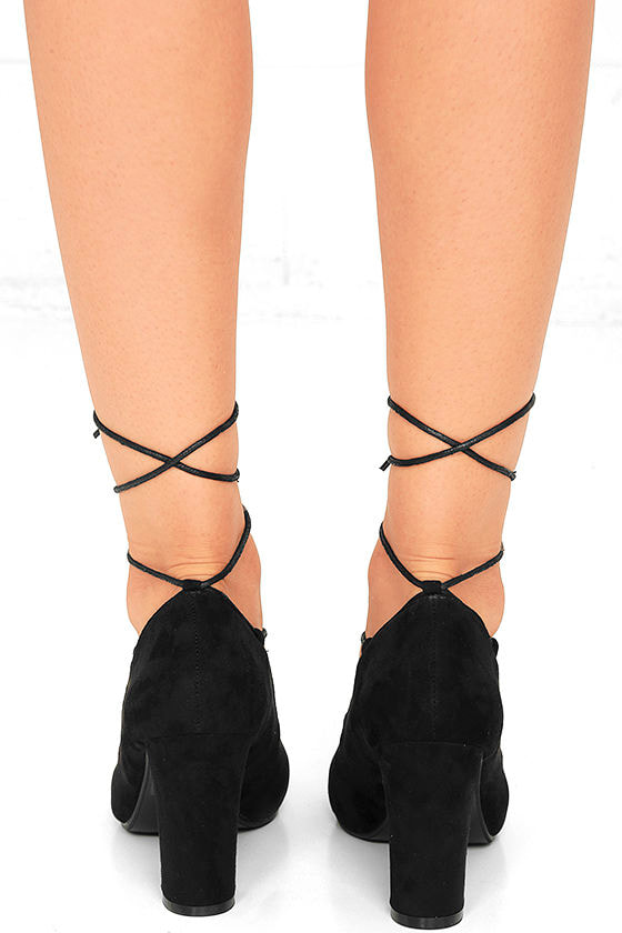 Chic Black Suede Heels - Lace-Up Pumps - Black Lace-Up Heels - $34.00