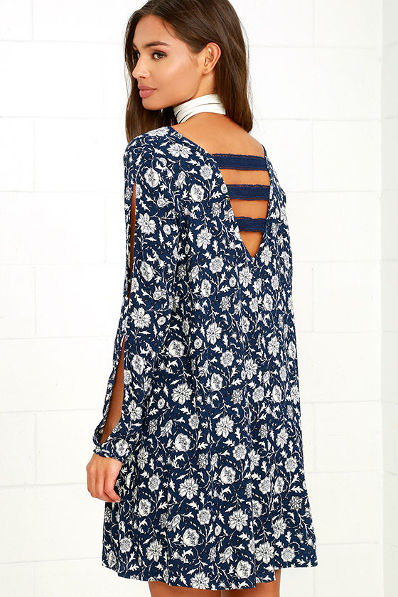 Lovely Navy Blue Swing Dress - Floral Print Swing Dress - Long Sleeve ...