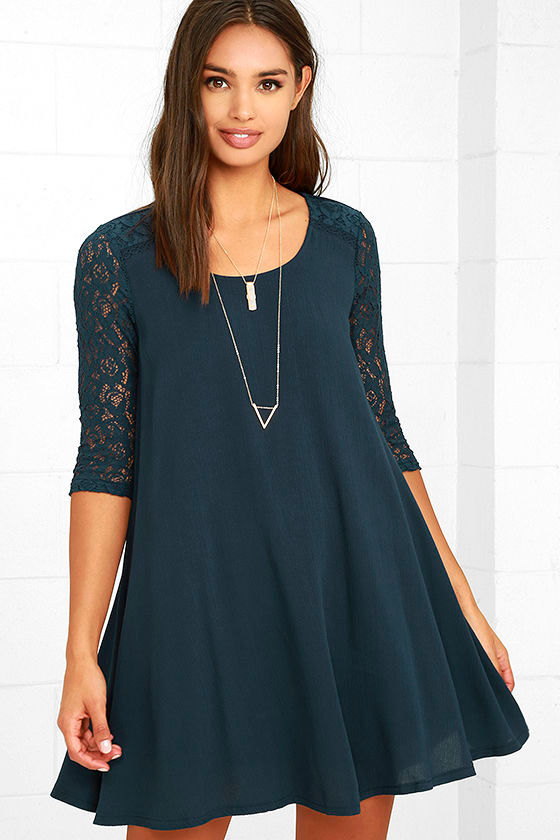 navy blue swing dress with sleeves
