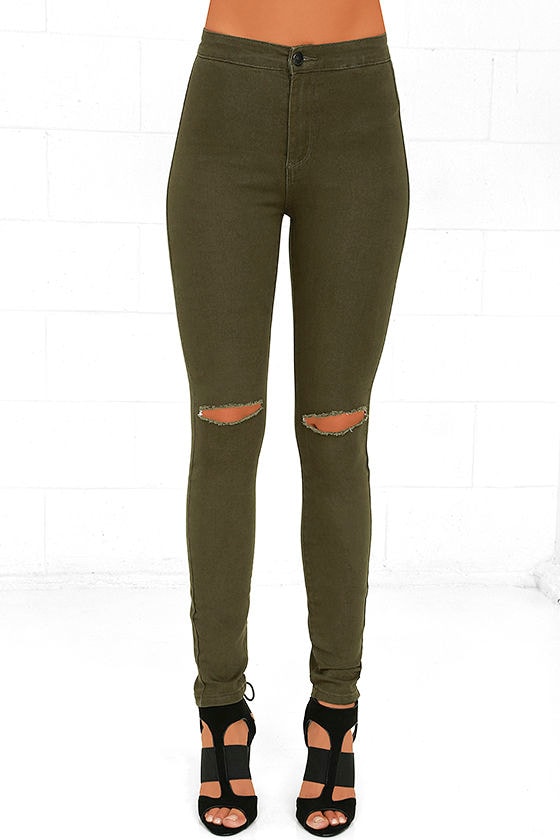 Practice Makes Perfect Olive Green High-Waisted Skinny Jeans