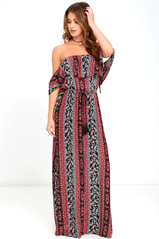 red off the shoulder maxi