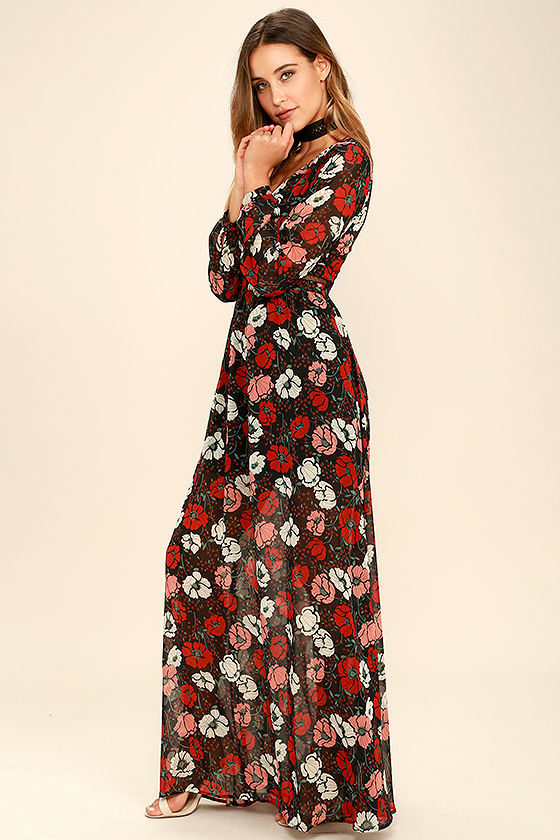 Parade of Poppies Black and Red Floral Print Maxi Dress 2