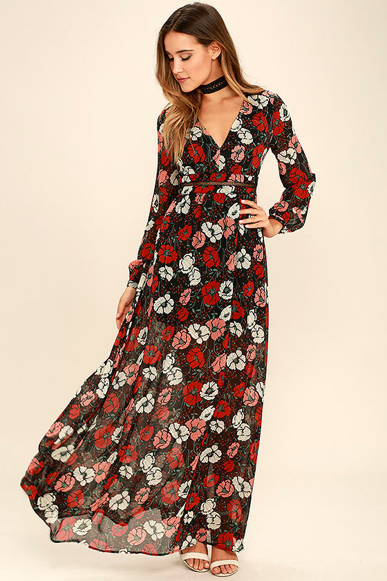 Black and Red Floral Print Dress - Maxi Dress - Long Sleeve Dress - $68 ...