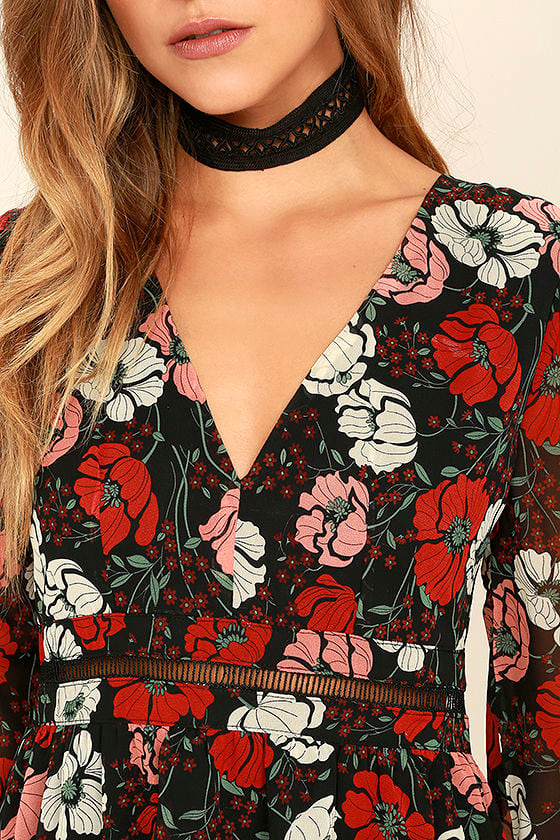 black dress with red floral print