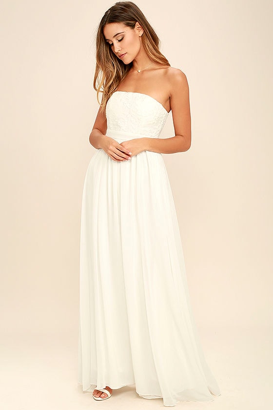 Lovely Ivory Maxi Dress - Embroidered Maxi Dress - Strapless Maxi Dress ...