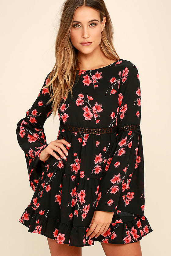 black long sleeve dress with flowers