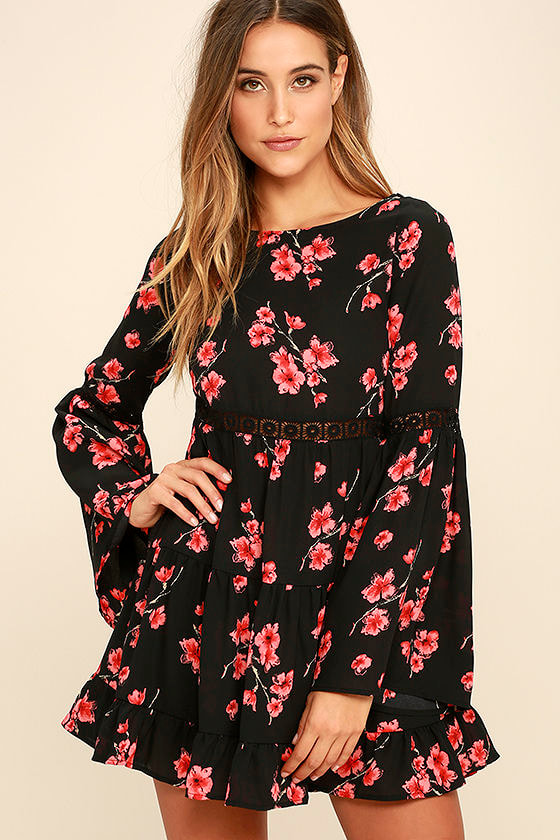 Lovely Black Floral Print Dress - Long Sleeve Dress - Bell Sleeve Dress ...