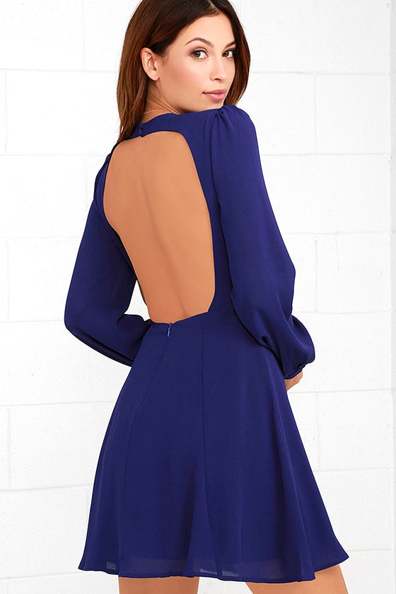 Cute Royal Blue Dress - Long Sleeve Dress - Backless Dress