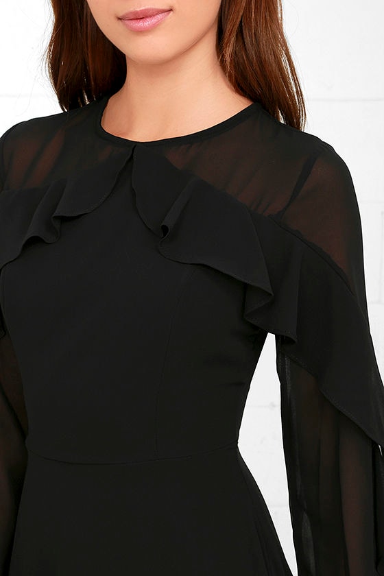 Lovely Black Dress - Long Sleeve Dress - Skater Dress - $62.00