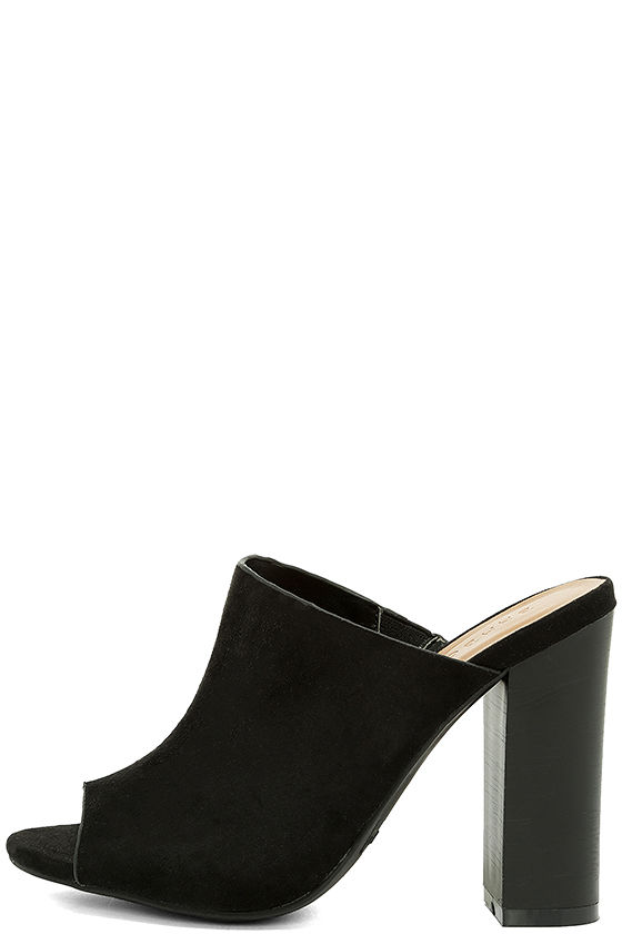black suede peep toe mules