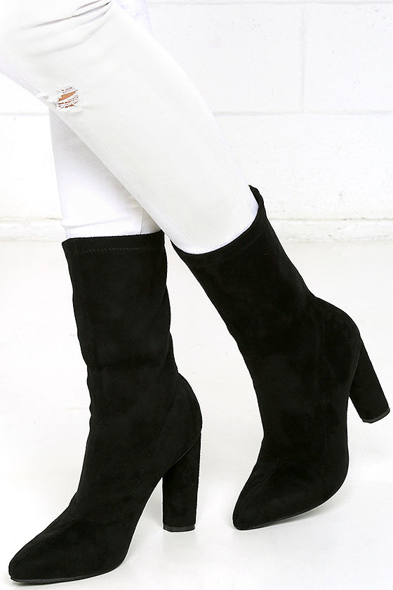Black High Heel Boots - Vegan Suede Boots - Mid-Calf Boots - $47.00