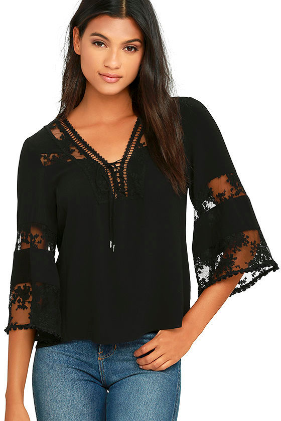 black lace up top long sleeve