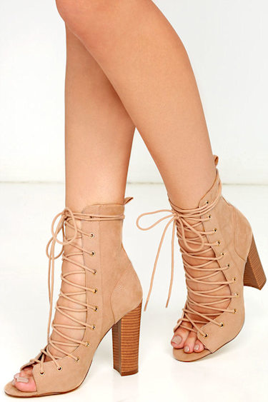 Sexy Beige High Heel Booties Lace-Up Booties Beige Mid-Calf