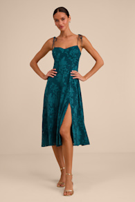 Loveliest Looks Emerald Green Jacquard Tie-Strap Midi Dress 2