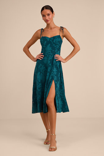 Loveliest Looks Emerald Green Jacquard Tie-Strap Midi Dress 2