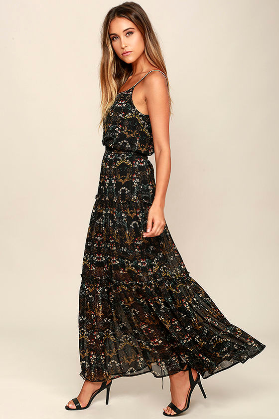 Boho Maxi Dress - Black Floral Print Dress - Tiered Maxi Dress - $68.00 ...