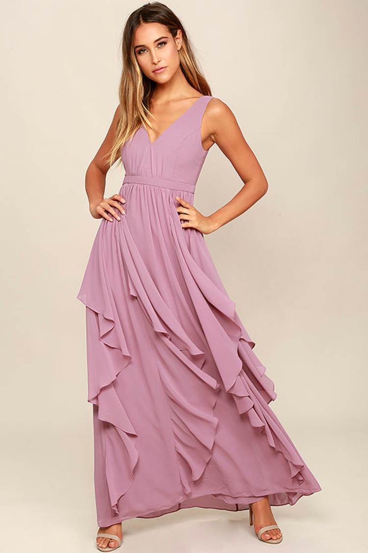 knee length dresses for ladies KC Mauve Chiffon Overlay Maxi Dress: Small