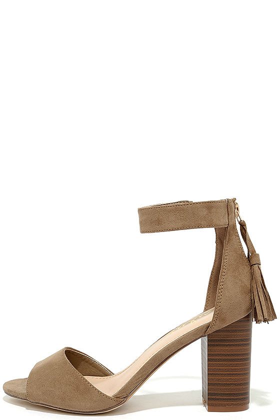 taupe suede ankle strap heels