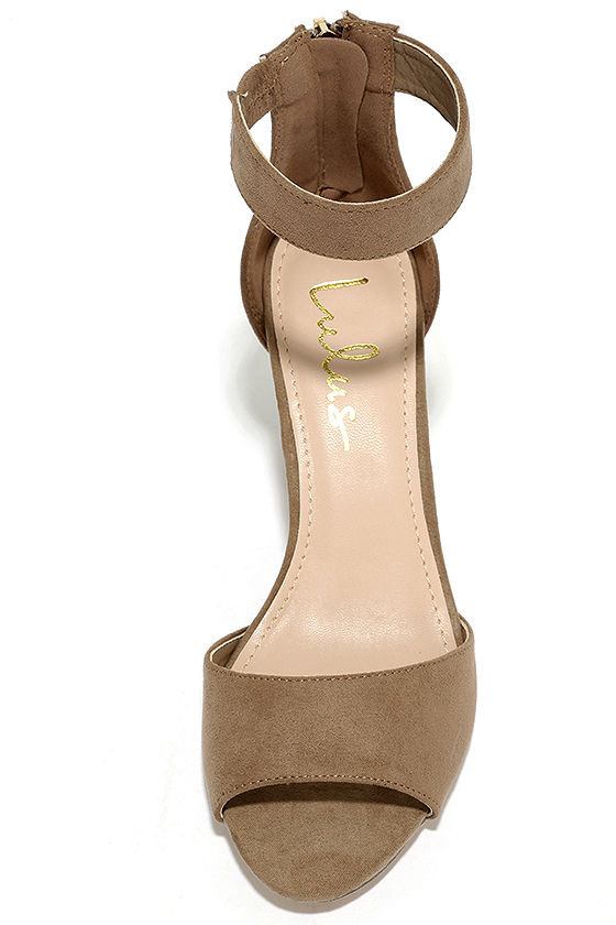 taupe suede ankle strap heels