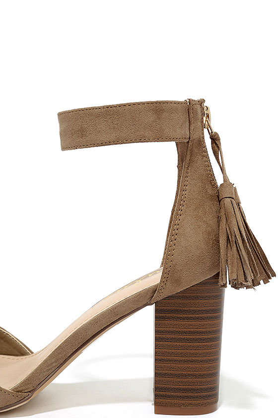 Zoey Taupe Suede Ankle Strap Heels