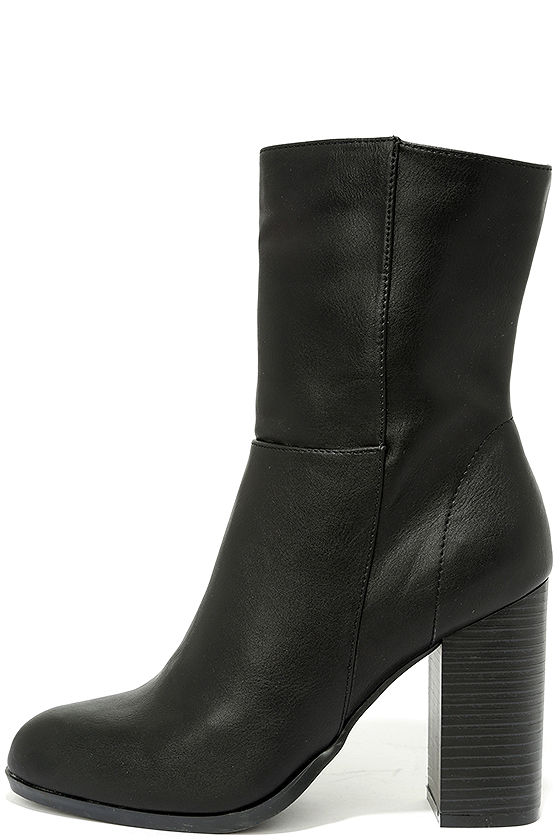 black high heel mid calf boots