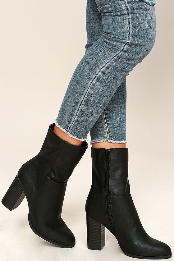 Stylish Black Booties - Vegan Leather Mid-Calf Boots - Mid-Calf Booties ...