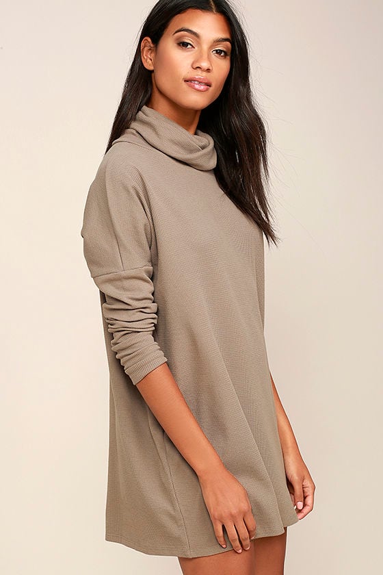 Taupe Dress - Turtleneck Dress - Long Sleeve Dress - Knit Dress - $52.00