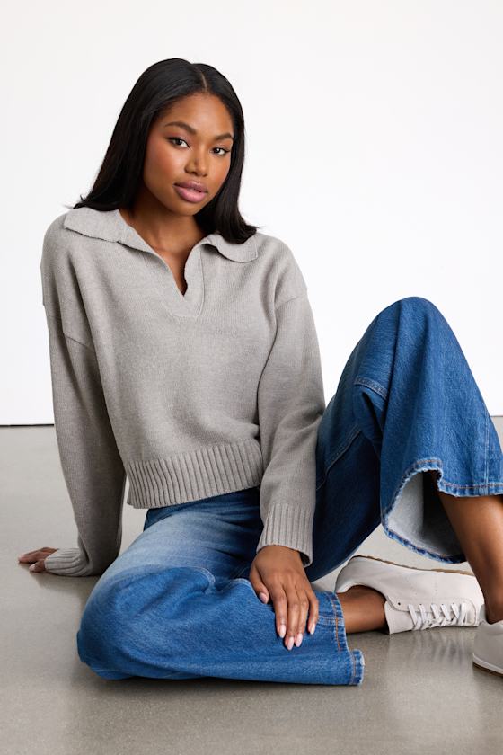 Cozy Forecast Heather Grey Collared Pullover Sweater 1