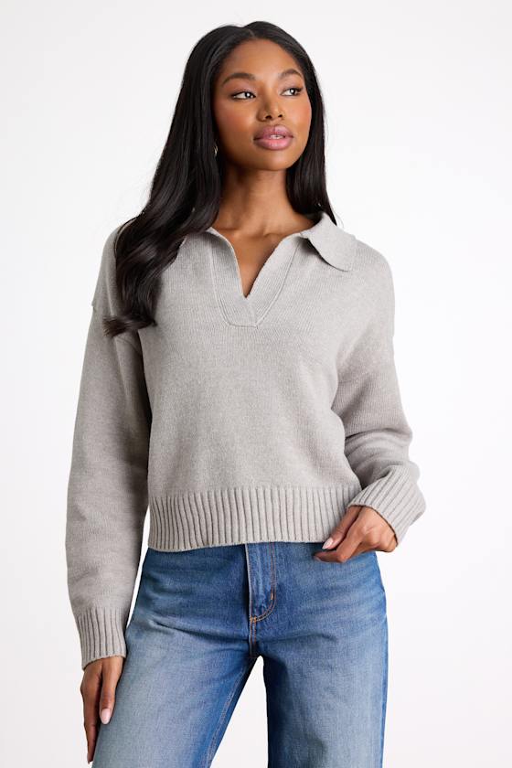 Grey Pullover Sweater - Collared Sweater - Heather Grey Sweater