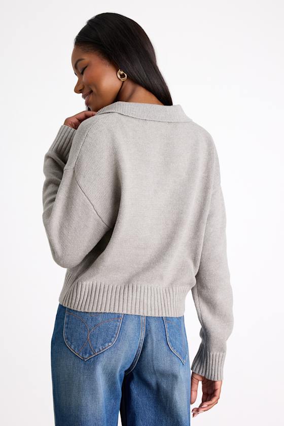Grey Pullover Sweater - Collared Sweater - Heather Grey Sweater