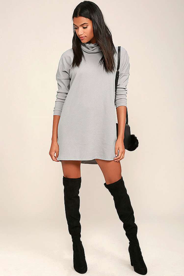 Grey Dress - Turtleneck Dress - Long Sleeve Dress - Knit Dress - $52.00 -  Lulus