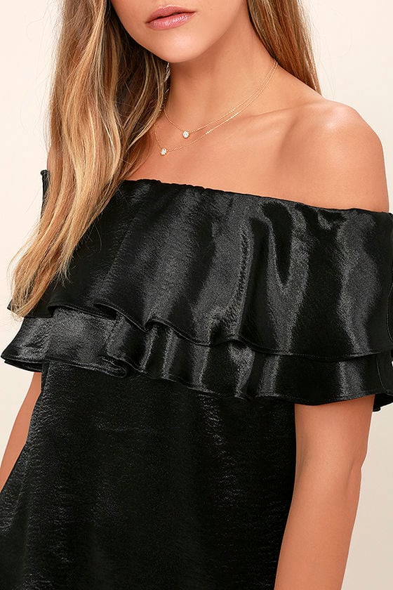 Sexy Black Top - Satin Top - Off-The-Shoulder Top - Ruffle Top - $64.00