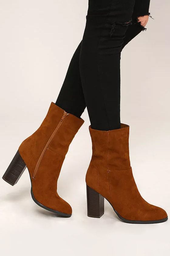 Welcomed Addition Chestnut Suede High Heel Mid-Calf Boots