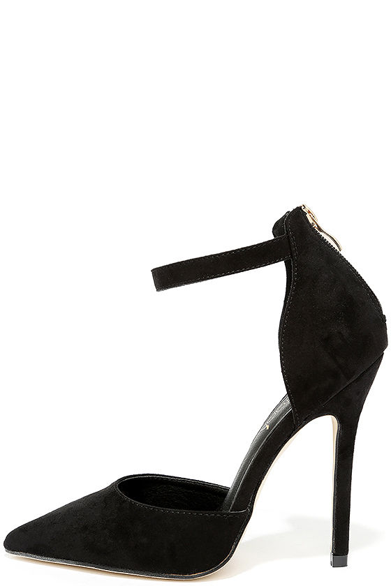 Black Suede Heels - Ankle Strap Heels - $34.00