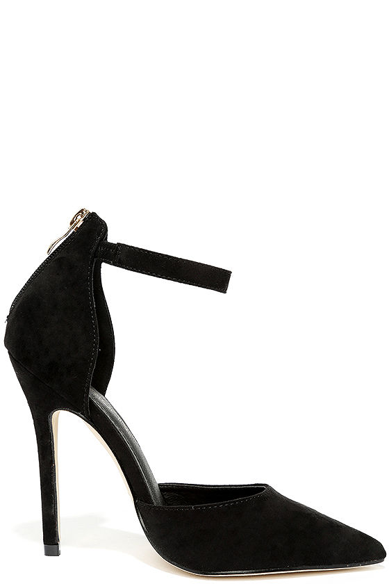 Black Suede Heels - Ankle Strap Heels - $34.00