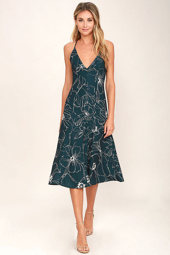 Keepsake Heatwave Dress Dark Teal Dress Floral Print Midi Dress