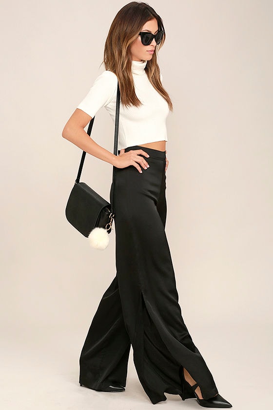 black satin wide leg trousers