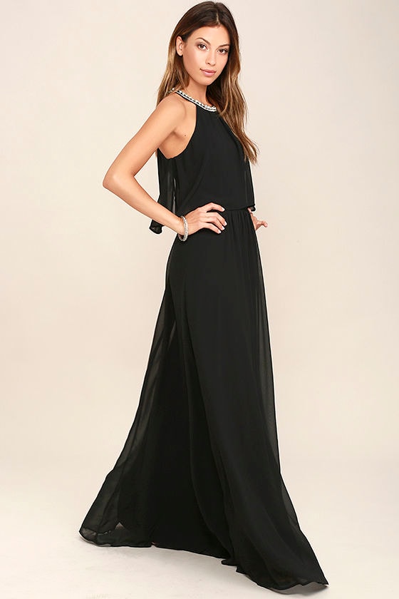 Lovely Black Dress Rhinestone Dress Maxi Dress 78.00