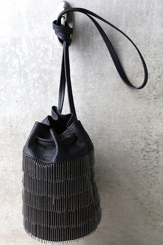 Sleek Black Purse Fringe Purse Black Drawstring Bag Bucket Bag