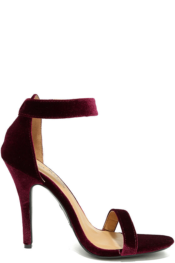 Cute Burgundy Velvet Heels - Ankle Strap Heels