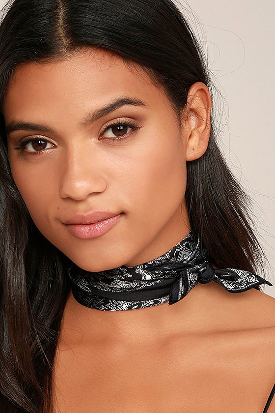 Cute Black Print Bandana Neckerchief Hair Scarf Silk Scarf 18.00