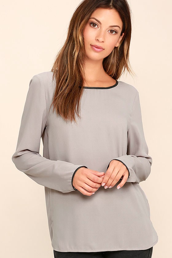 Chic Grey Blouse Long Sleeve Top Vegan Leather Blouse 42.00 Lulus
