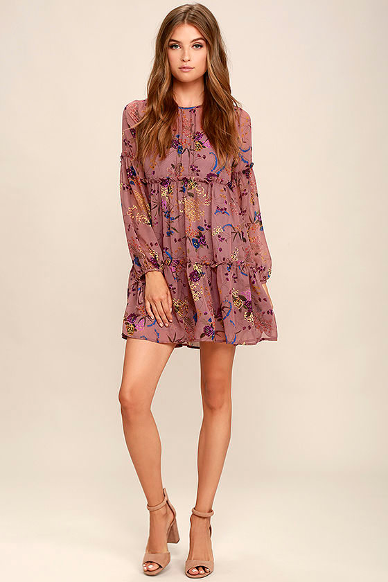 Pretty Mauve Dress - Floral Print Dress - Babydoll Dress - Long Sleeve Dress - $58.00