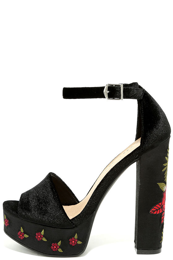 black heels with rose embroidery